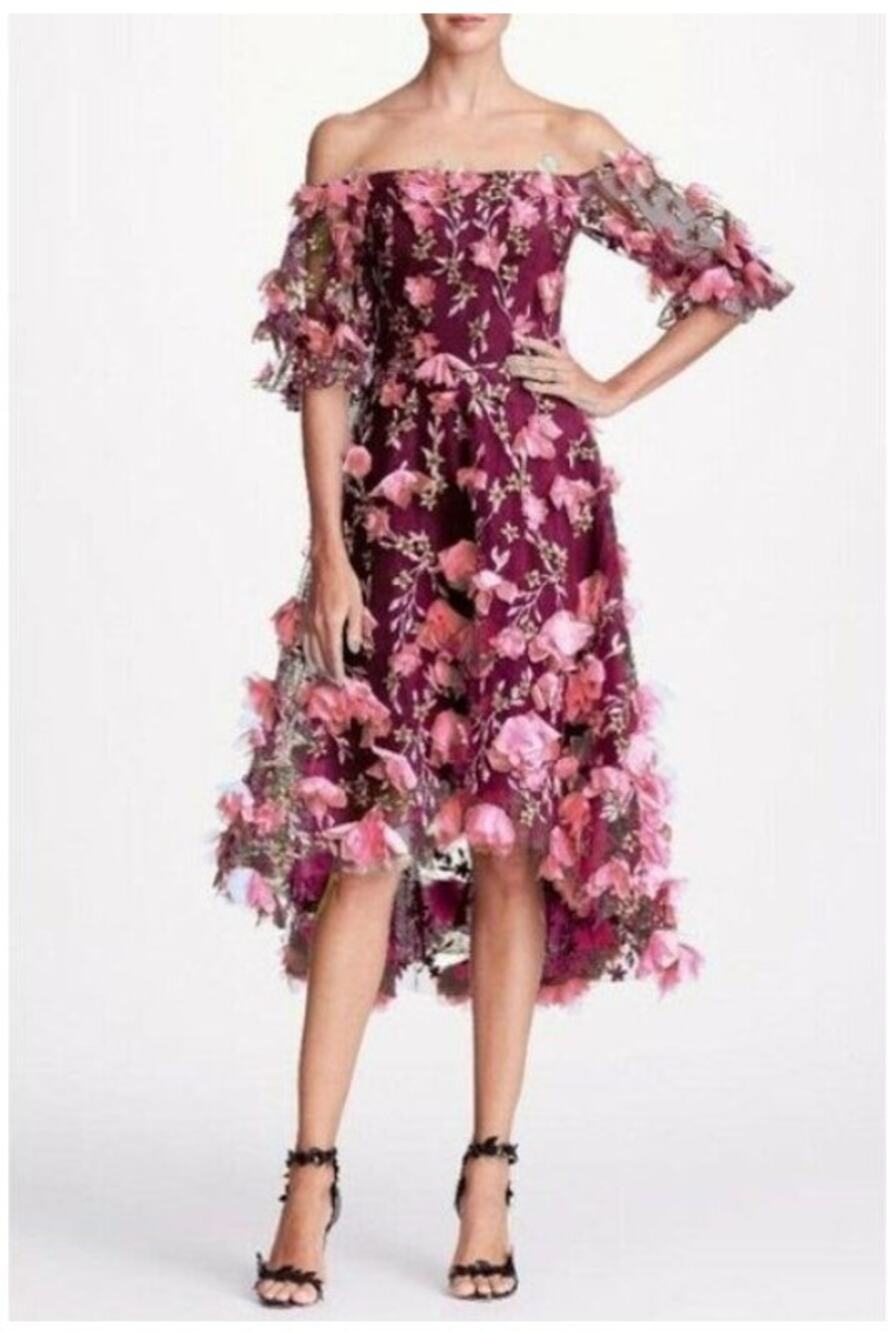 Marchesa Notte Maroon Pink Floral 3D Appliqued Off Shoulder Dress 2 NWT